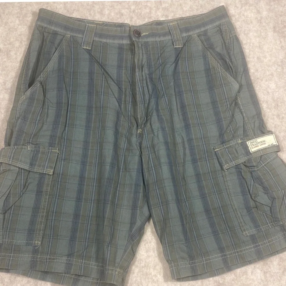 JNCO Tradition Classic Cargo Shorts Mens 34* Blue Green Plaid Cotton Grunge Y2K